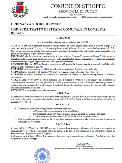 Ordinanza n.8 del 03.09.2026: Chiusura tratto di strada comunale in località bedale