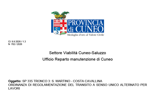 SP 335 Tronco 3: San MArtino - Costa Cavallina. Ordinanza di regolamentazione del transito a senso unico alternato per lavori