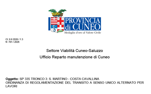 Ordinanza Provincia di Cuneo - SP 335 Tronco 3: San Martino - Costa Cavallina. Ordinanza di regolamentazione del transito  a senso unico alternato per lavori