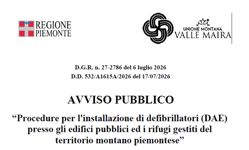 Procedure per l'installazione di defibrilaltori (DAE) presso gli edifici pubblici ed i rifugi gestiti del territorio montano piemontese
